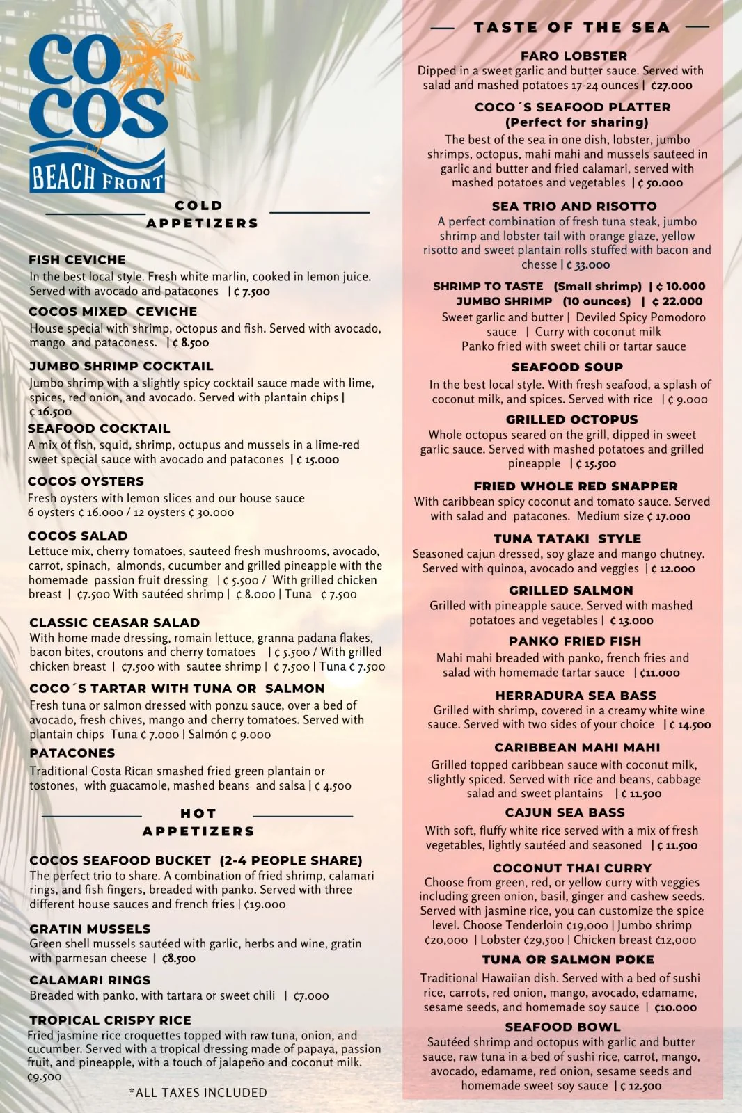 Cocos Beachfront Menu — English page 1